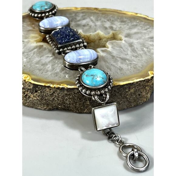 Whitney Kelly Sterling Silver Multi Gemstone Turquoise Lapis MOP Bracelet- 51.8g - Picture 7 of 16